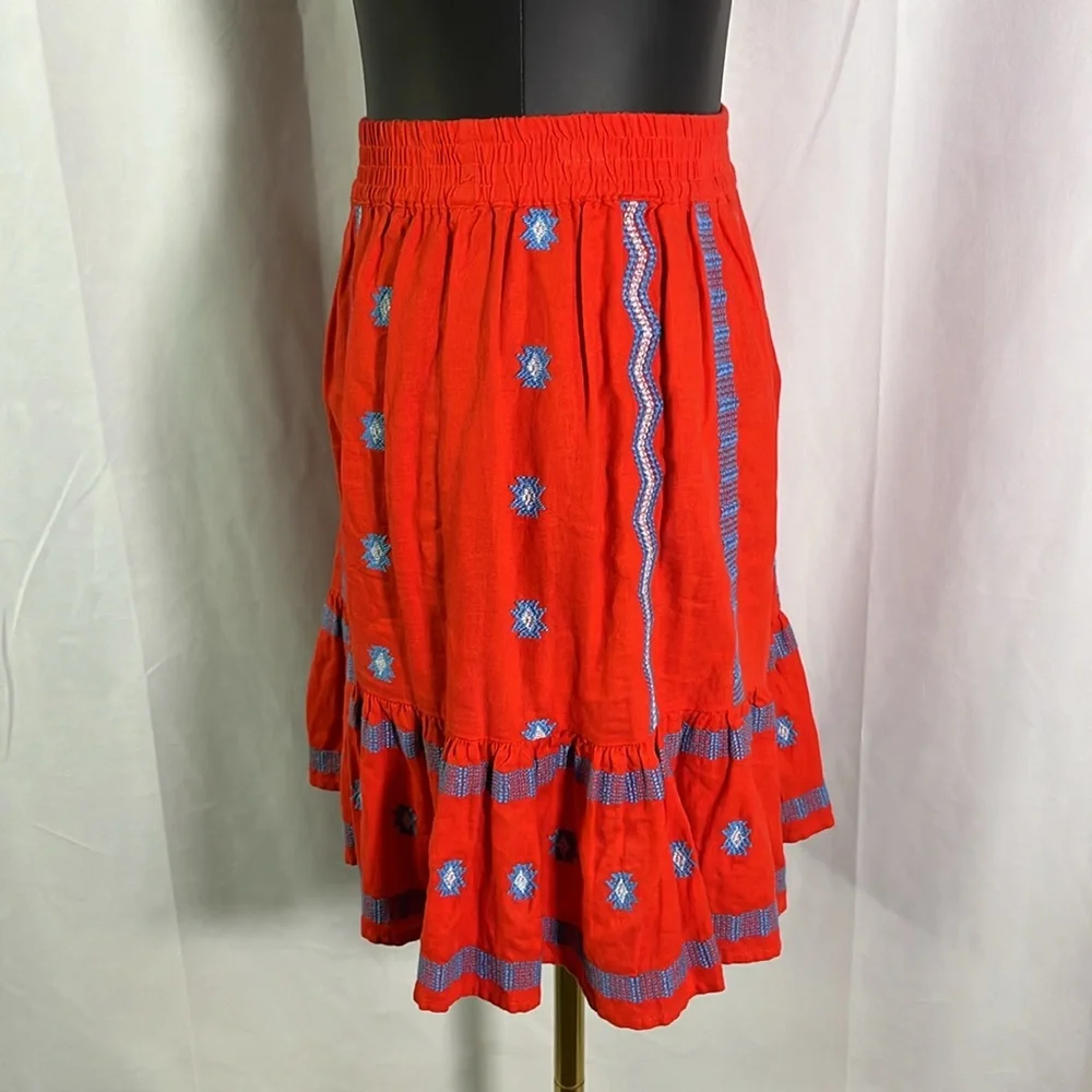LOFT Red & Blue Embroidered Southwestern Print Ruffle Hem Linen Mini Skirt